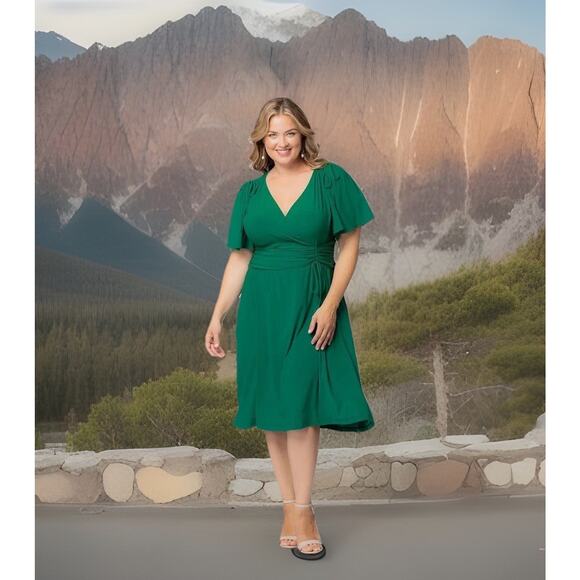 Kiyonna Dress Green Jemma Ruched Tie Style 2X Feminine Christmas Flutter Sleeve - Picture 1 of 9
